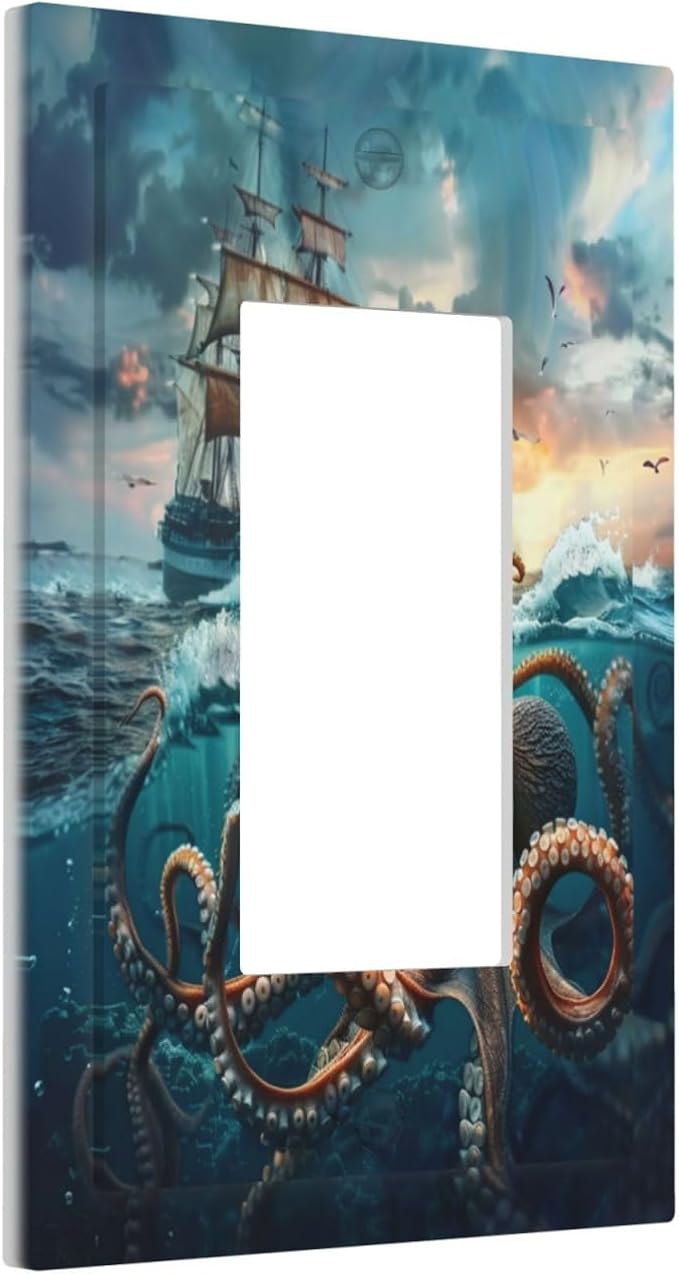 Light Switch Cover Plate Sailboat Ship Octopus Ocean Sea Waves 1 Gang Outlet Covers Single Rocker Decorative Switch plates Electrical Wall Plates GFCI Receptacle for Bathroom Bedroom Decor