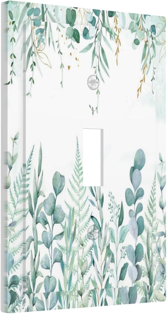 Boho Green Eucalyptus Leaf Floral Sage Flower Decorative Light Switch Cover 1 Gang Single Toggle Device Electrical Faceplate Switchplates Decorator Outlet Wall Plate for Bedroom Living Room Decor