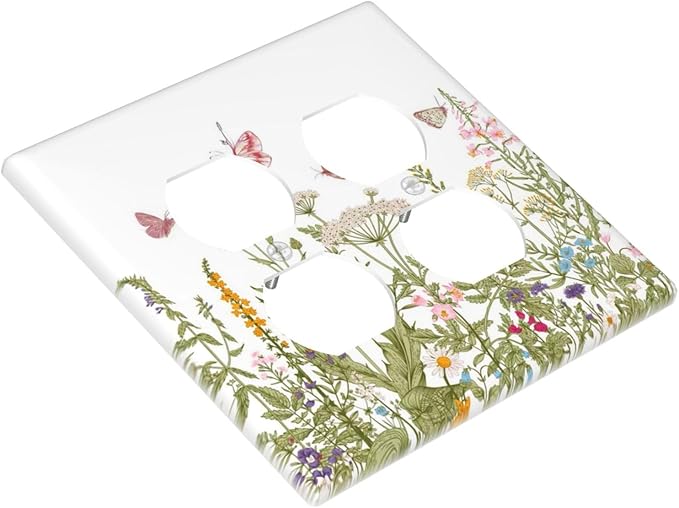 Colorful Butterfly Floral Plants Flower Vine Outlet Covers 2 Gang Double Duplex Decorative Light Switch Covers Electrical Wallplates Socket Faceplate for Bed Room Living Room Decor