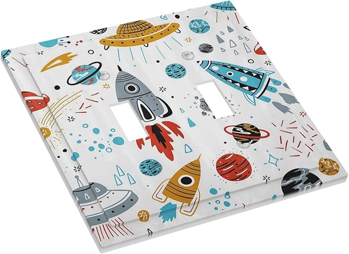 Cartoon Space Rocket Boys Universe Planet Double Toggle Light Switch Covers Decorative Unique 2 Gang Wall Plate Dual Electrical Faceplate Switchplate for Nursery Kidroom Living Room Decor