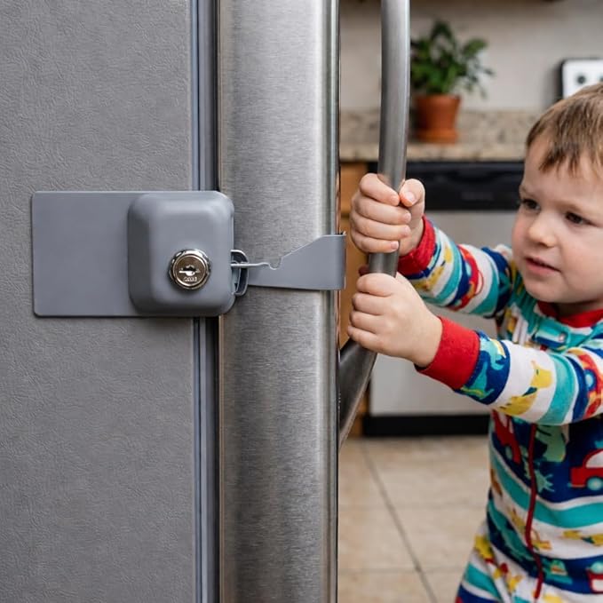 Child Proof Fridge Lock with Key | 100% Metal Refrigerator Lock for Toddlers & Kids | 400 lbf 3M Adhesive No-Drill | Baby Safety Freezer Cabinet Lock (1 Pack, Gray)