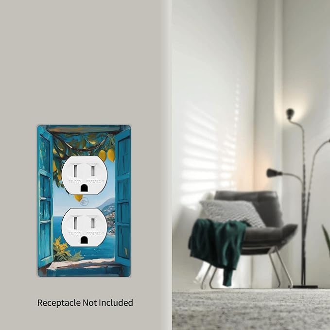 Decorative Art Light Switch Covers Seaside Window with Lemons 1 Gang Single Duplex Outlet Wall Plate Switchplate Electrical Faceplate for Home Decor