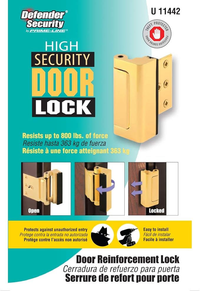 Prime-Line U 11442 Door Reinforcement Lock – Add Extra, High Security to your Home and Prevent Unauthorized Entry – 3” Stop, Aluminum Construction, Polished Brass (Single Pack)