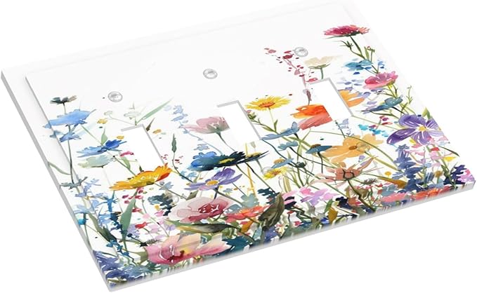Watercolor Wildflowers Colorful Floral Plant Decorative Switch Plates 3 Gang Wall Plate Triple Toggle Light Switch Cover Faceplate Electrical Wall Panels for Bedroom Living Room Decor