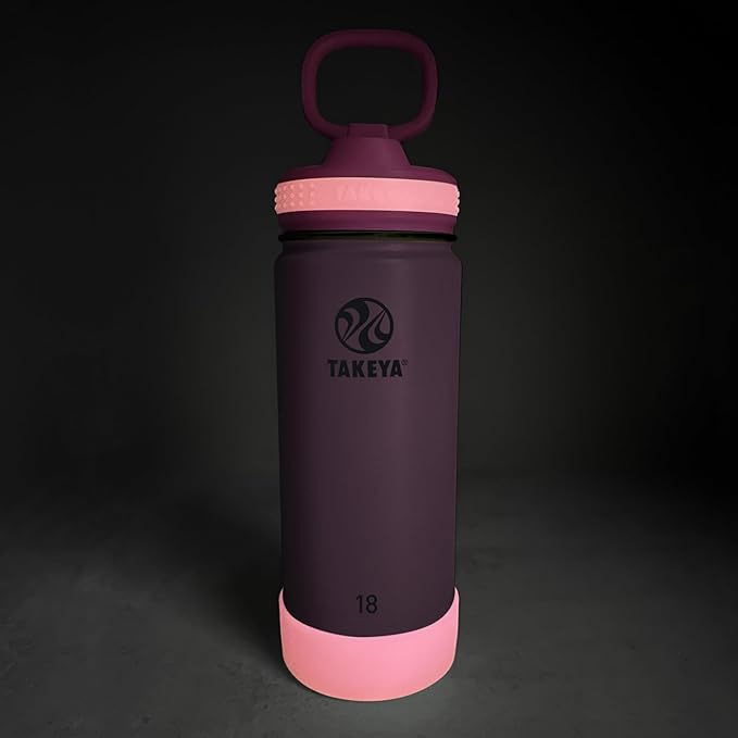 Takeya Actives Kids Water Bottle 18 oz Stainless Steel Double Wall Insulation BPA-Free Leakproof Straw Lid Easy Carry Handle Reusable Ideal for Boys and Girls, School, Sports - Summer Glow Pink
