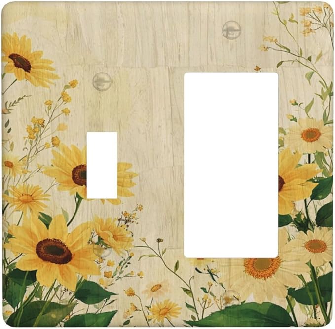 Decorative Toggle Switch Cover Plate with Vintage Botanical Sunflower Field Design 2-Gang 1-Gang Standard Wall Plate Light Switch Cover for Nature Yellow Blooms Wall Decor