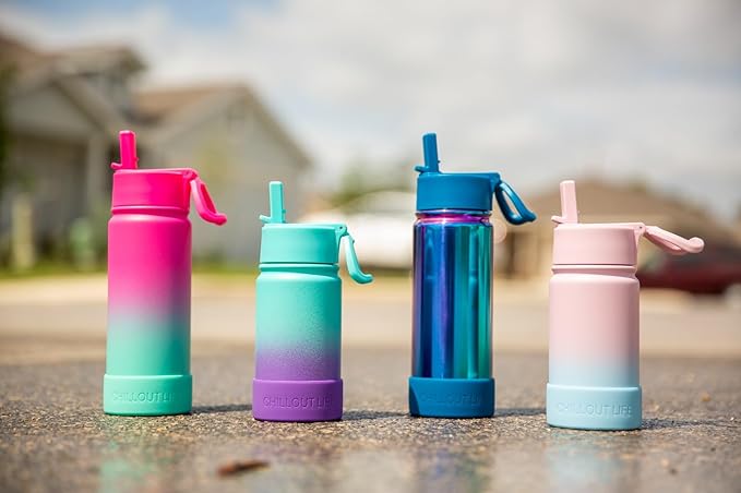 CHILLOUT LIFE 12 oz Kids Insulated Water Bottle for School with Straw Lid Leakproof and Cute Waterproof Stickers, Personalized Stainless Steel Thermos Flask Metal Water Bottle for Girls & Boys