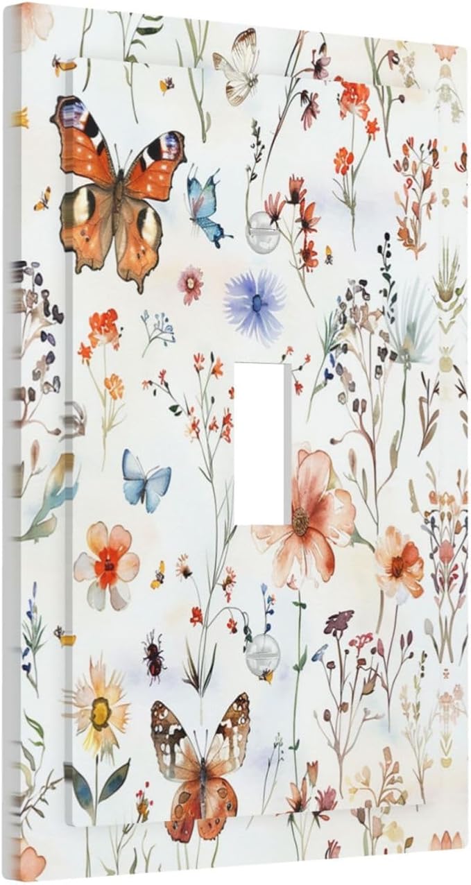 Decorative Light Switch Cover Butterfly Floral Boho Multicolor Flower Leave 1 Gang Single Toggle Device Electrical Faceplate Switchplates Decorator Outlet Wall Plate for Bed Room