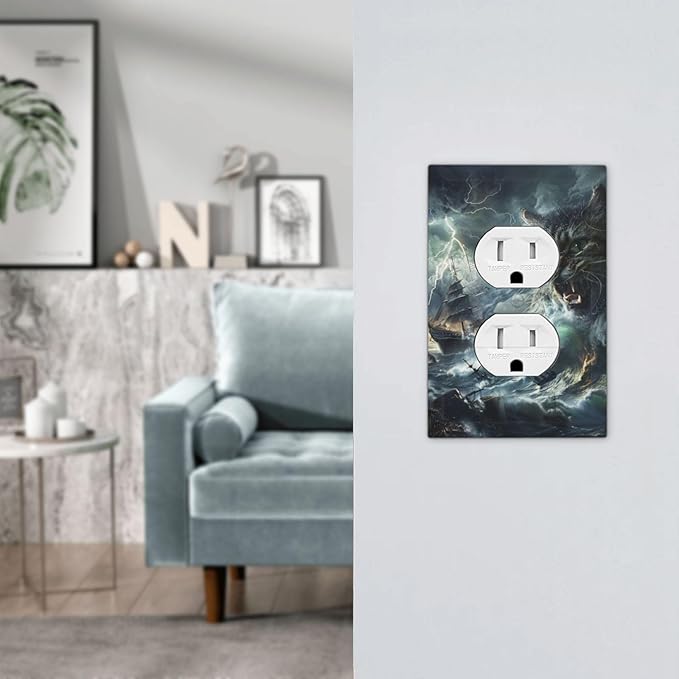 Decorative Outlet Covers funny Cat Stormy sea Lightning Sailboats 1 Gang Duplex Light Switch Cover Plate Electrical Switch plates Wall Plates Receptacle Covers for Bathroom Kid Room Decor