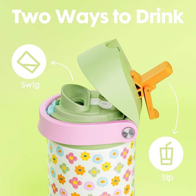 18 oz Kids Water Bottle for School: Meoky 18 oz Stainless Steel Insulated Water Bottle with 2-in-1 Straw and Spout Lid - Leak Proof, Fits in Car Cup Holder, BPA-Free for Teen Girls, Rainbow Blooms