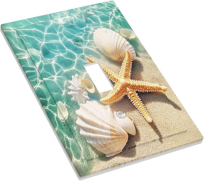 Decorative Light Switch Cover Sea Shells And Star Fish In Ocean Beach 1 Gang Single Toggle Device Electrical Faceplate Switchplates Decorator Outlet Wall Plate For Bathroom Home Decor