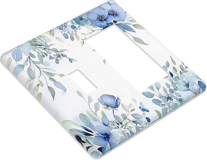 Watercolor Blue Flower Plant Floral Green Leaves Outlet Covers 1 Toggle 1 Rocker Combination Decorative Wall Plate Electrical Switch Plates Light Switch Cover Plate for Bedroom Living Room Decor