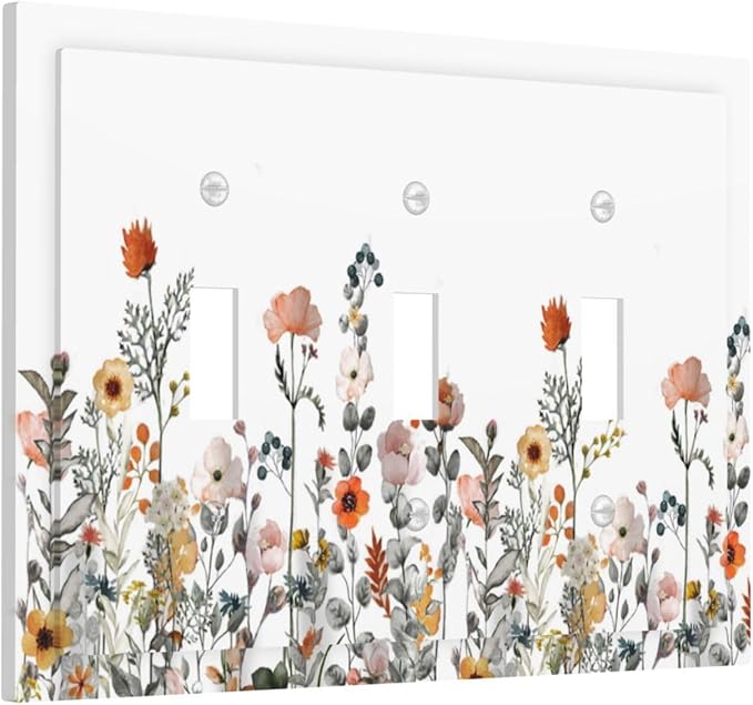 Decorative Switch Plates Colorful Wildflowers Boho Vintage Floral 3 Gang Wall Plate Triple Toggle Light Switch Cover Faceplate Electrical Wall Panels For Bed Room Living Room Decor