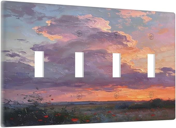 Abstract Sunset Dusk Natural Scenery Wild Flowers Light Switch Covers Quad Toggle Electrical Faceplate 4 Gang Wall Plate Decorative Switch Plates Cover for Farmhouse Bedroom Decor