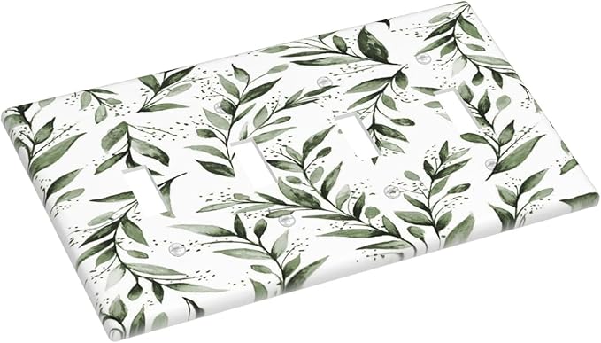 Green Leaf Olive Leaf Sage Floral Light Switch Covers Quad Toggle Electrical Faceplate 4 Gang Wall Plate Decorative Switch Plates Cover for Bedroom Living Room Decor