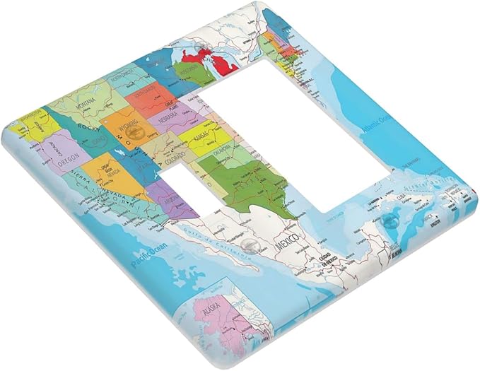 USA Map 2 Gang Single Toggle/Rocker Combination Light Switch Cover Decorative Wall Plate Faceplate Boys Kids Teen Girl Bedroom Room Decorate 4.5" x 4.5
