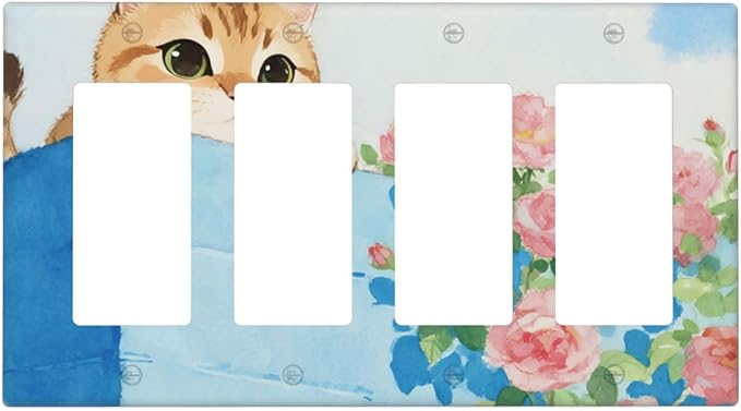 Cat Flower Quad Rocker Wall Plate Decorative 4 Gang Light Switch Covers Electrical Switchplate Home Decorate Faceplat for Bathroom Bedroom Kitchen Room 4.5 x 8 Inch