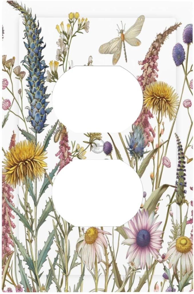 Decorative Outlet Covers Botanical Wildflowers Dragonfly Colorful Floral 1 Gang Duplex Light Switch Cover Plate Electrical Switch plates Wall Plates Receptacle Covers for Bathroom Bedroom