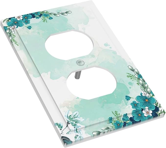 Outlet Covers Blue Green Flowers Light Green Watercolor Patterns 1 Gang Duplex Light Switch Cover Electrical Receptacle Faceplate Wall Plate Decorative Switch Plates for Bedroom Home