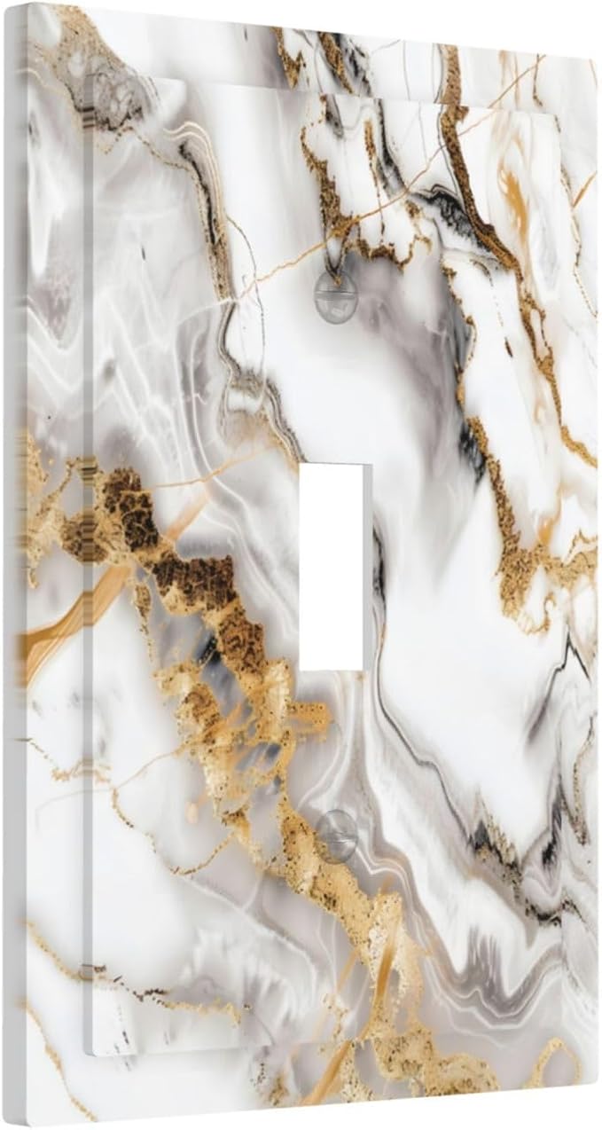 Luxurious Marble Abstract White Gold Tile Modern Simplicity Decorative Light Switch Cover 1 Gang Single Toggle Device Electrical Faceplate Switchplates Decorator Outlet Wall Plate for Bathroom Kitchen