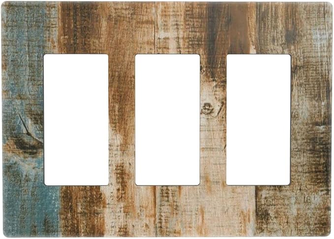Brown Wood 3 Gang Triple Rocker/Decor Light Switch Wall Plate Cover Decorative Electrical Faceplate for Kids Living Room Bedroom Decor Screwless 6.57" x 4.65