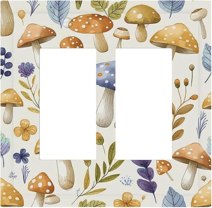 Boho Watercolor Mushroom Flowers Leaf Colorful Floral Decorative Outlet Covers 2 Gang Double GFCI Rocker Electrical Wall Panels Light Switch Cover Plate for Kids Room Nursery Decor