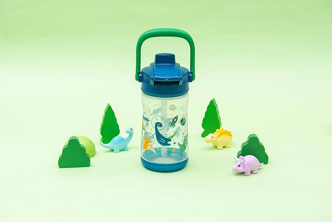 Zak Designs Beacon Kid Water Bottle for Travel or At Home, 12oz Plastic is Durable and Leak-Proof with Liquid Lock Spout, Cover, Carry Handle, Protective Base (Dinosaur)
