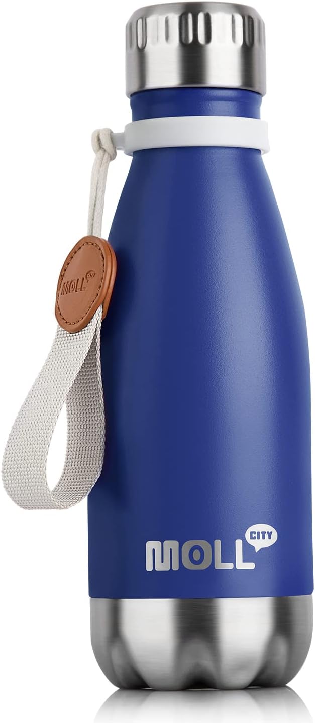 Small Water Bottle-9 oz Stainless Steel Water Bottle for Kids School Insulated Vacuum Metal Leak Proof Cola Shape Mini Water Bottle for Boys (Navy)