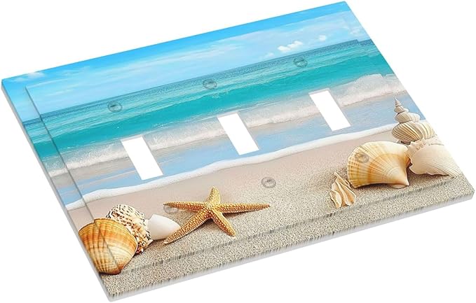 Decorative Switch Plates Seashells Beach Starfish Scallop 3 Gang Wall Plate Triple Toggle Light Switch Cover Faceplate Electrical Wall Panels For Bathroom Home Decor