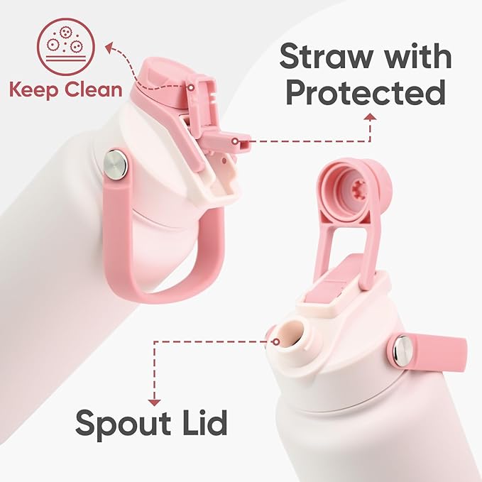 KEWIXY 18 oz Insulated Water Bottle with Straw, 2-in-1 Lid, Straw & Spout, Leak Proof, Cup Holder Fit, Stainless Steel with Handle, Reusable, Metal, for Travel, Gym and School (Pale Pink)