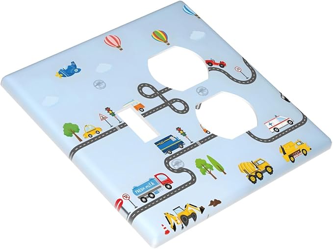 Road Construction Car Truck Hot Air Balloon Wallplates 1 Toggle 1 Duplex Switch Plate Electrical GFCI Faceplate Decorative Light Switch Covers for Nursery Kids Room Decor
