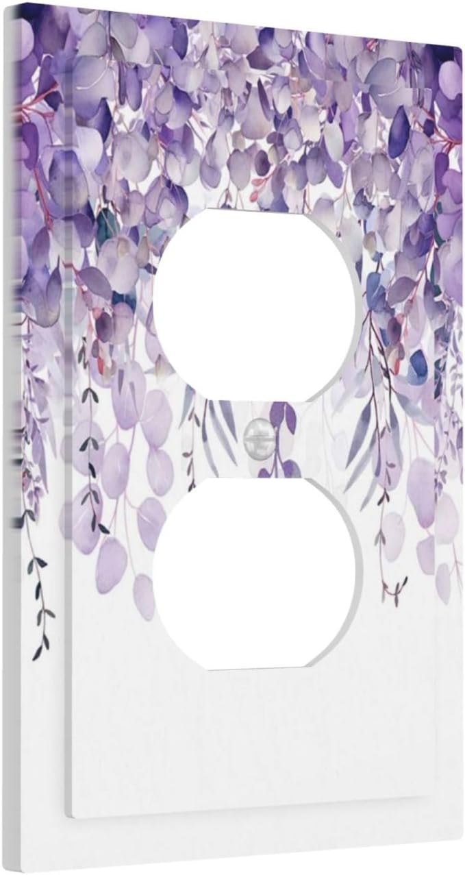 Purple Plants Leaves Eucalyptus Vine Floral Flowers Outlet Covers 1 Gang Duplex Light Switch Cover Decorative Switch Plates Electrical Receptacle Faceplate Wall Plate for Bedroom Living Room Decor