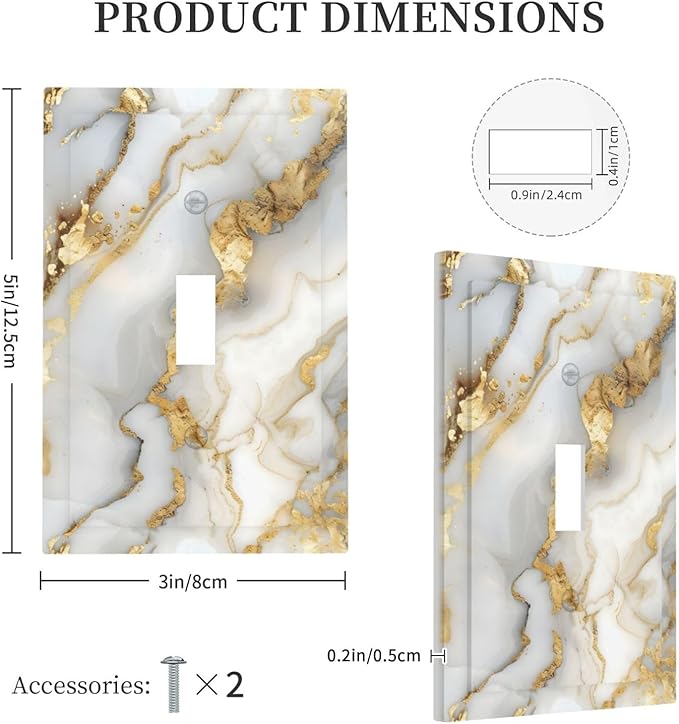 Luxurious White Gold Marble Patterns Abstract Decorative Light Switch Cover 1 Gang Single Toggle Device Electrical Faceplate Switchplates Decorator Outlet Wall Plate for Bathroom Kitchen Decor