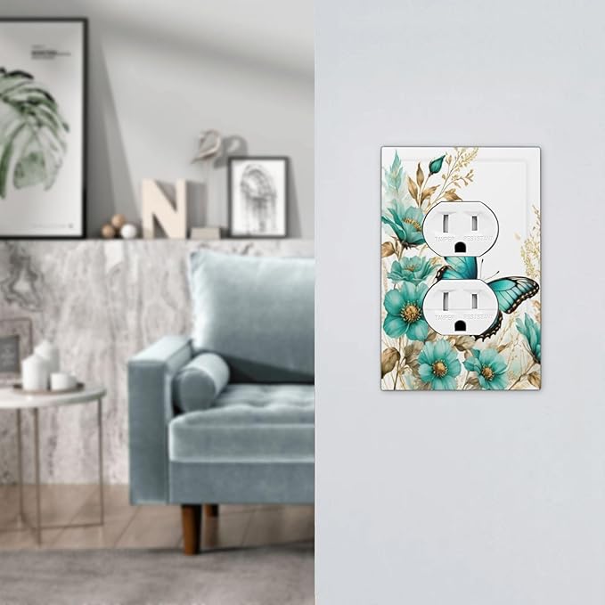 Decorative Outlet Covers Butterfly on Blue Daisy Flower Floral Golden Leaf 1 Gang Duplex Light Switch Cover Plate Wall Plates for Electrical Outlets Electrical Switchplate Face Plate
