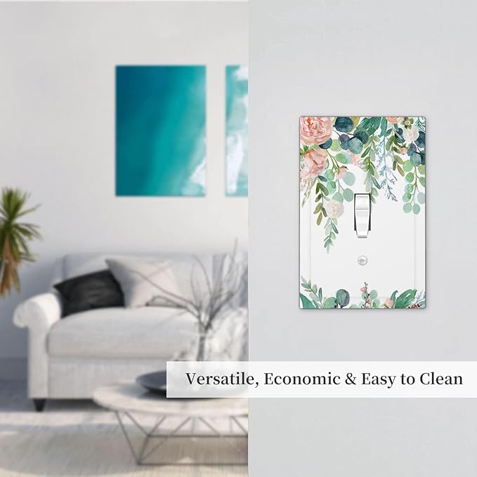 Green Eucalyptus Leaves Floral Watercolor Flower Decorative Light Switch Cover 1 Gang Single Toggle Device Electrical Faceplate Switchplates Decorator Outlet Wall Plate for Bed Room Living Room Decor