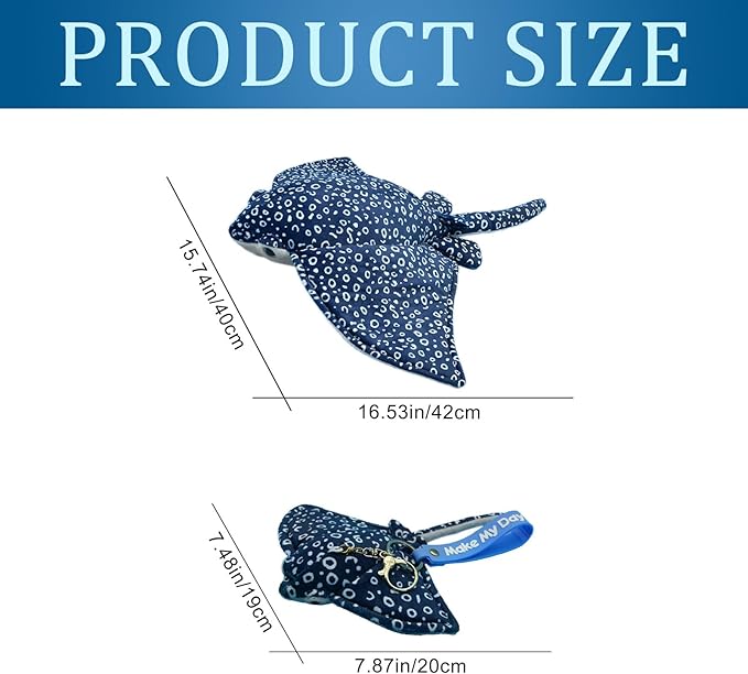 Make My Day Wild Stuffed Animals Soft Plush Collection Animal Gifts for Children Simulation Manta Ray Plush Toy Stingray Sea Creature Stuffed Animals Spot Blue Manta Ray 16"+8'' 2Pack