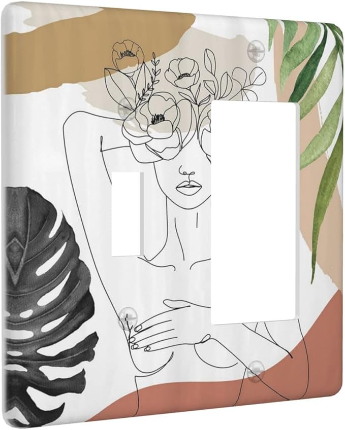 Mid Century Abstract Women Lady Boho Palm Leaf 2 Gang Single Toggle Rocker Combination Light Switch Cover Unique Decorative Wall Plate Cover Electrical Faceplate Switchplate for Livingroom Decor