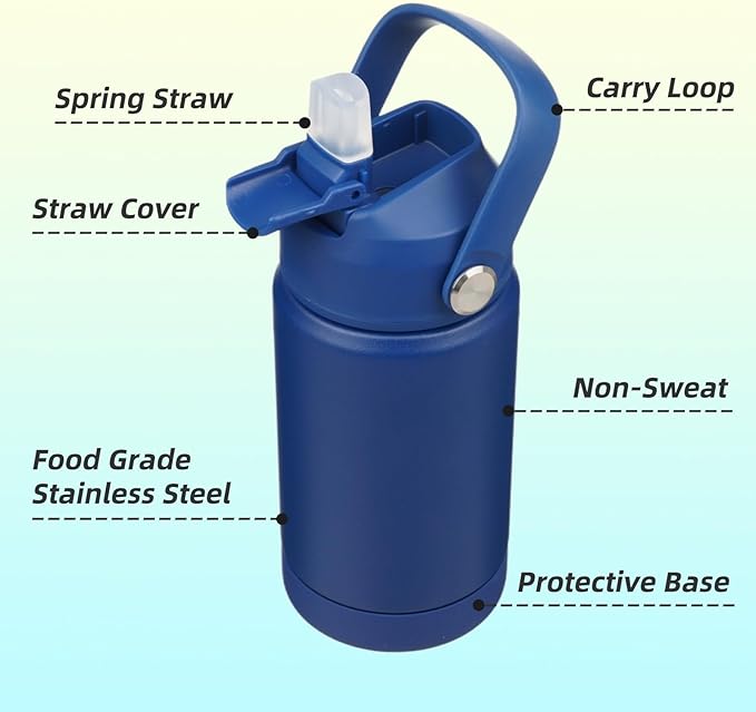 Konokyo Insulated Water Bottle with Straw Lid,12 oz Stainless Steel Vacuum Metal Bottle with Silicone Handle,Klein Blue