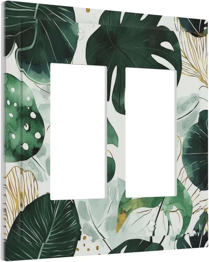 Boho Tropical Green Leaf Watercolor Banana Leaves Decorative Outlet Covers 2 Gang Double Gfci Rocker Electrical Wall Panels Light Switch Cover Plate For Bed Room Living Room Decor
