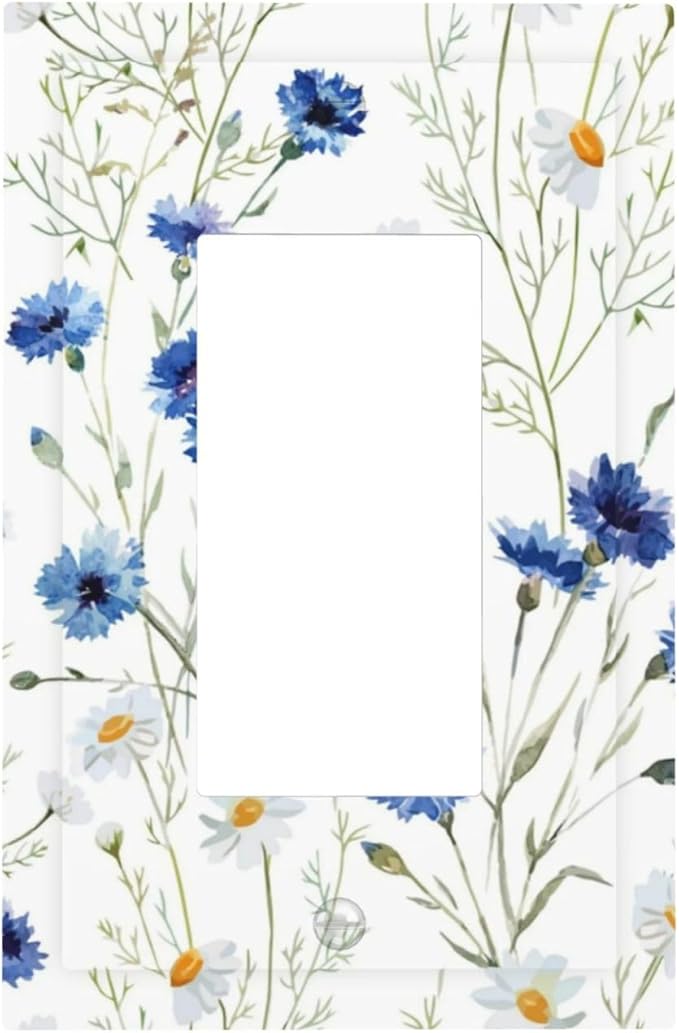 Light Switch Cover Plate Watercolor Daisy Blue Floral Vintage Plant 1 Gang Outlet Covers Single Rocker Decorative Switch plates Electrical Wall Plates GFCI Receptacle for Bedroom Home Decor