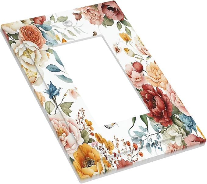 Rustic Style Colorful Peony Butterfly Dragonfly Decorative Outlet Covers 1 Gang Single Rocker Wall Plates Gfci Faceplate Light Switch Cover Plate for Bedroom Living Room Decor