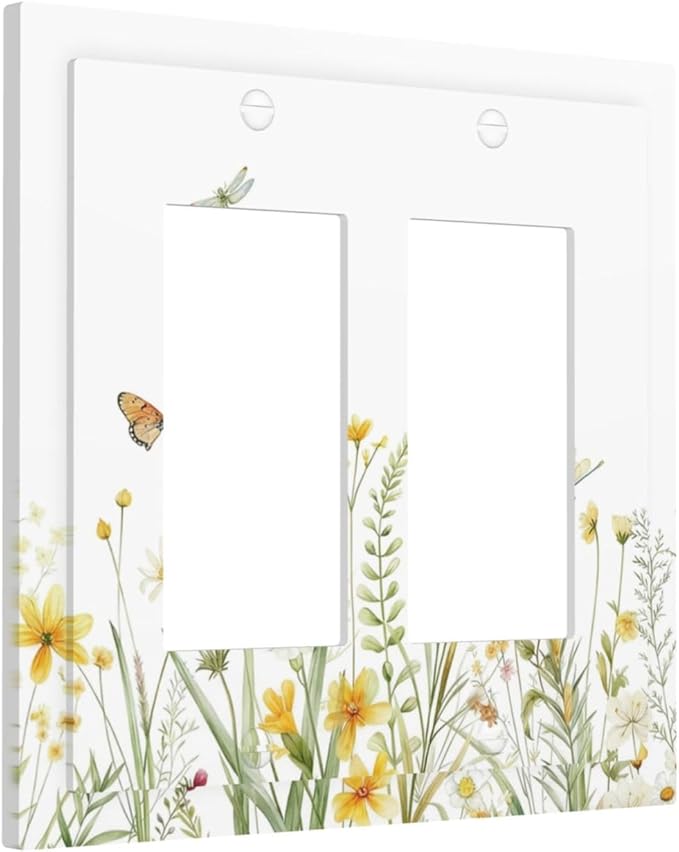 Colorful Wildflowers Dragonfly Butterfly Floral Decorative Outlet Covers 2 Gang Double GFCI Rocker Electrical Wall Panels Light Switch Cover Plate for Bedroom Living Room Decor