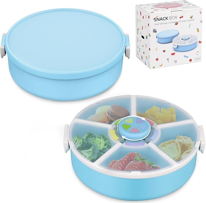JOOPETALK Kids' Rotating Snack Container Set – 2-Pack, Includes 1 Rotating Snack Container & 1 Round Sectioned Snack Box, BPA-Free, Dishwasher Safe, Perfect for Travel-Blue
