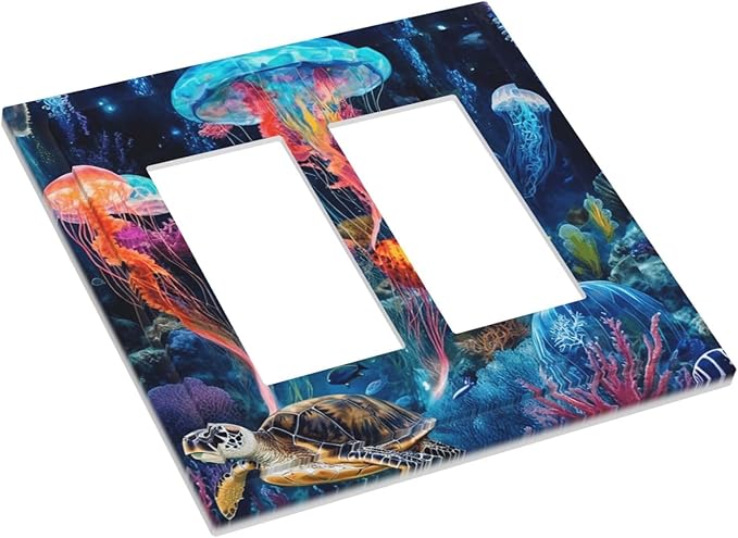 Jellyfish Sea Turtle Fantasy Ocean Coral Underwater World Decorative Outlet Covers 2 Gang Double GFCI Rocker Electrical Wall Panels Light Switch Cover Plate for Nursery Kids Room Decor