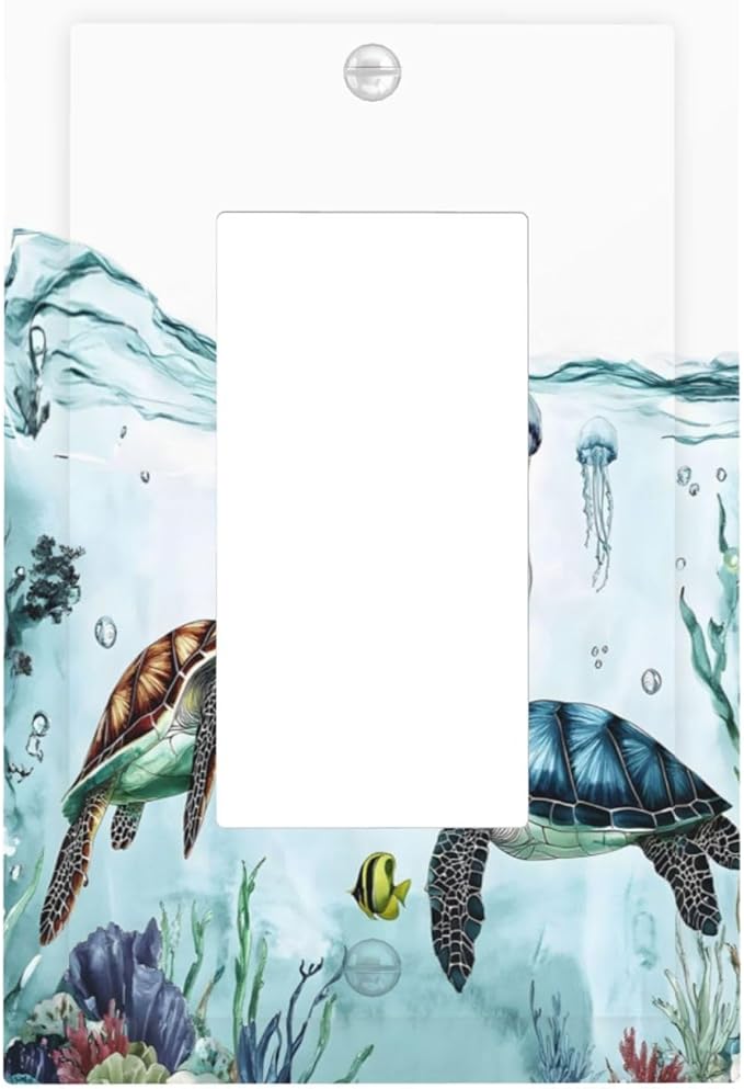 Sea Turtles Sea Coral Seaweed Ocean Jellyfish Decorative Outlet Covers 1 Gang Single Rocker Light Switch Cover Plate Wall Plates GFCI Faceplate for Kids Room Bathroom Decor