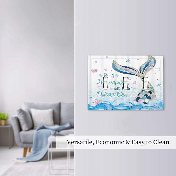 Mermaid Ocean Blue Waves Kids Girl 3 Gang Light Switch Covers Decorative Triple Toggle Wall Plate Electrical Faceplate Switchplate for Kidroom Bathroom Bedroom Home Decor