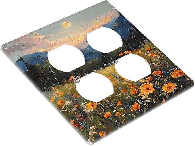 Sunset Wild Flower Field Floral Nature Landscape Outlet Covers 2 Gang Double Duplex Decorative Light Switch Covers Electrical Wallplates Socket Faceplate for Farmhouse Bedroom Decor