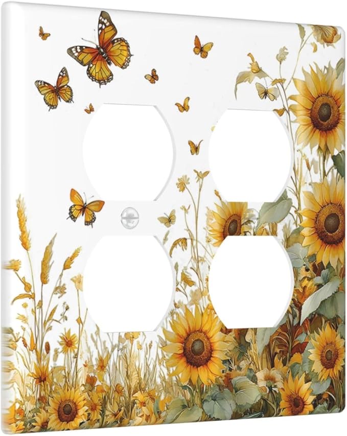 Sunflower Gold Wildflowers Summer Butterfly Outlet Covers 2 Gang Double Duplex Decorative Light Switch Covers Electrical Wallplates Socket Faceplate for Bedroom Living Room Decor