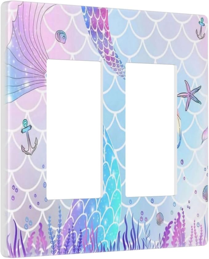 Watercolor Cute Kids Girl Purple Pink Mermaid Tail Scales Starfish 2 Gang Screwless Double Decorator/GFCI Wall Plate Rocker Outlet Light Switch Decorative Two Dual Device Receptacle Face Plate Cover