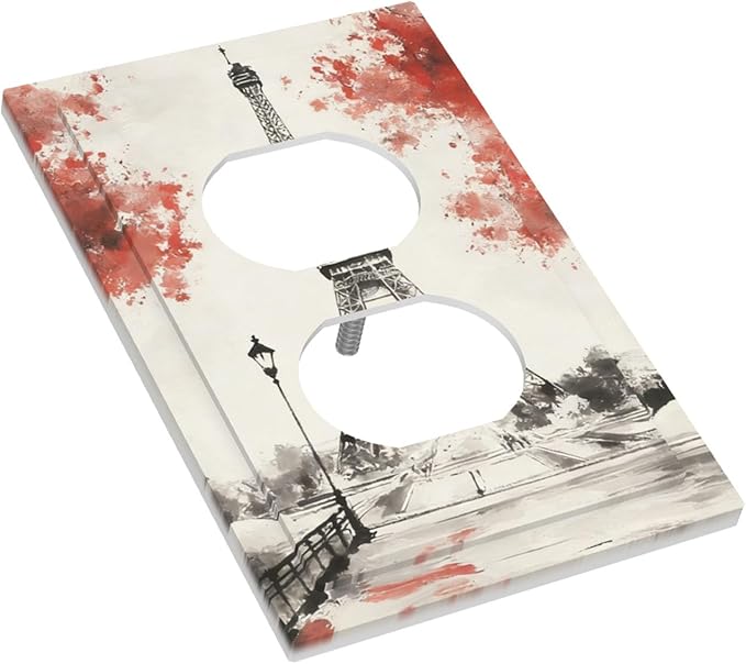 Parisian Watercolor Eiffel Tower Duplex Wall Plate - 1-Gang Standard US Size Paris Cherry Blossoms Romantic Outlet Covers, Vintage French Watercolor for Bedroom Decor